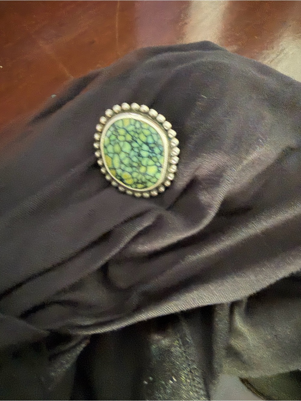 Sterling silver beaded ring with one of a kind spider turquoise stone